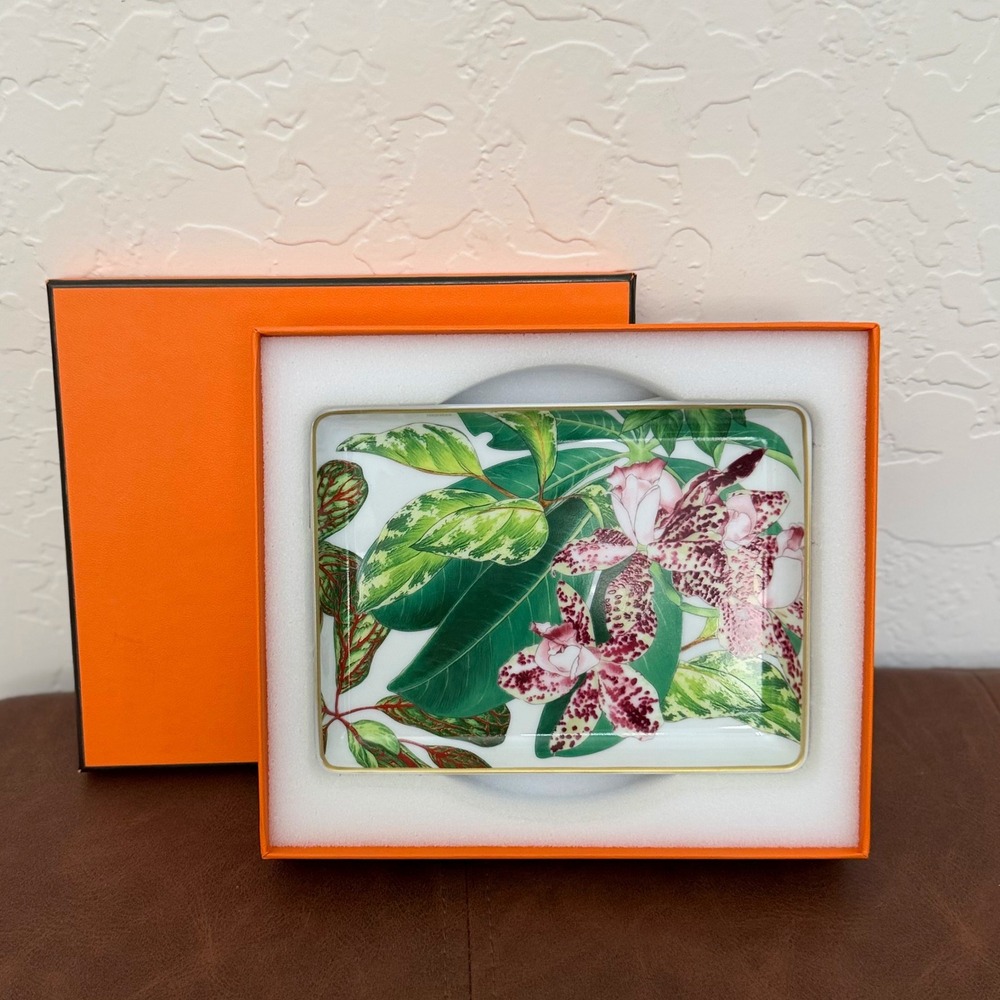 Hermes Passifolia Tray w/Box Small Porcelain Palm Leaf and Lilly Flower N1 Plate